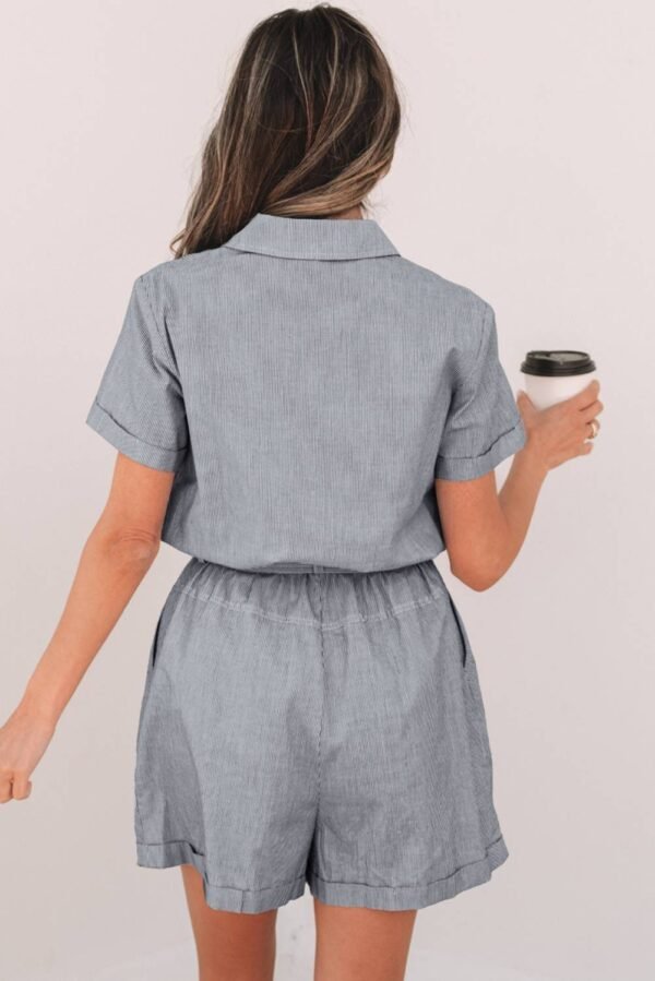 Blue Stripe Chest Pockets Buttoned Belted High Waist Romper - Image 2