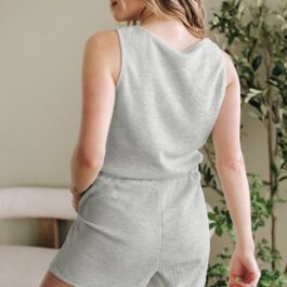 Light Grey Waffle Knit Sleeveless Buttoned Front Drawstring Waist Romper