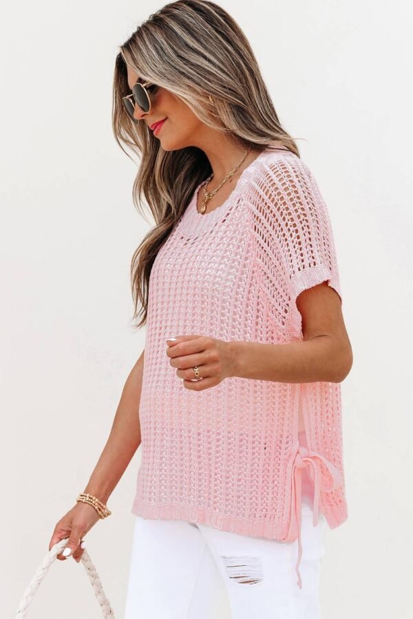 Pink Hollow-out Crochet Side Tied Short Sleeve Sweater - Image 3