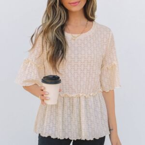 Beige Solid Color Textured Ruffled Short Sleeve Blouse