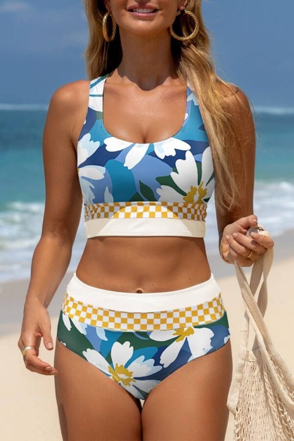 Green Floral Print Racerback Cutout High Waist 2pcs Bikini