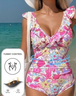 Pink Floral Ruffle Trim V Neck Lace-up Back Tummy Control One Piece Swimsuit