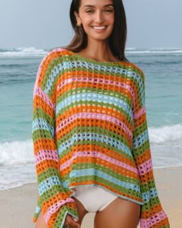 Carrot Multi Stripe Open Knit Sweater Beach Cover Up