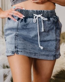 Dusk Blue Drawstring High Waist Pocketed Denim Shorts