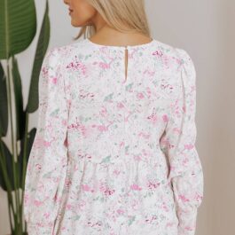 Pink Floral Print Shirred Balloon Sleeve Keyhole Back Babydoll Blouse