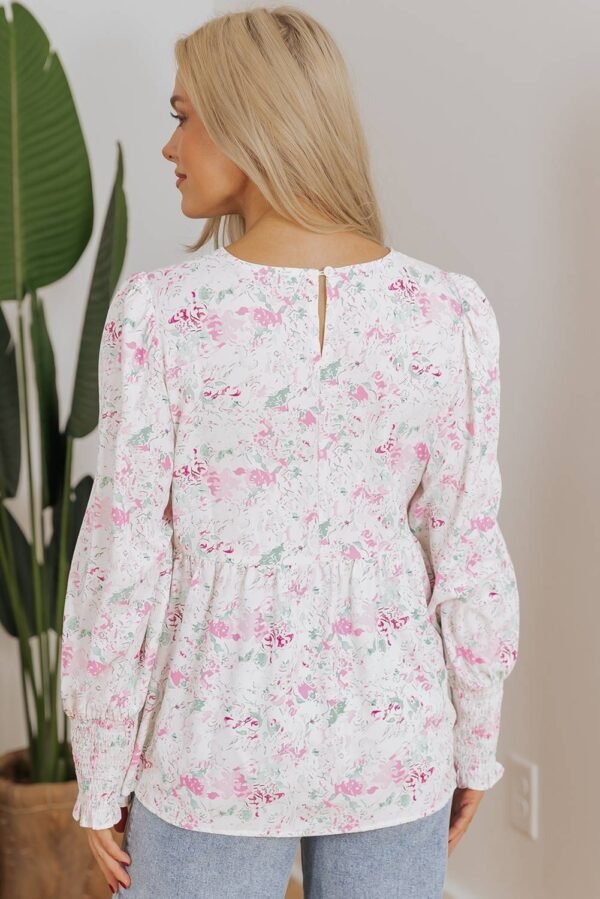 Pink Floral Print Shirred Balloon Sleeve Keyhole Back Babydoll Blouse - Image 2