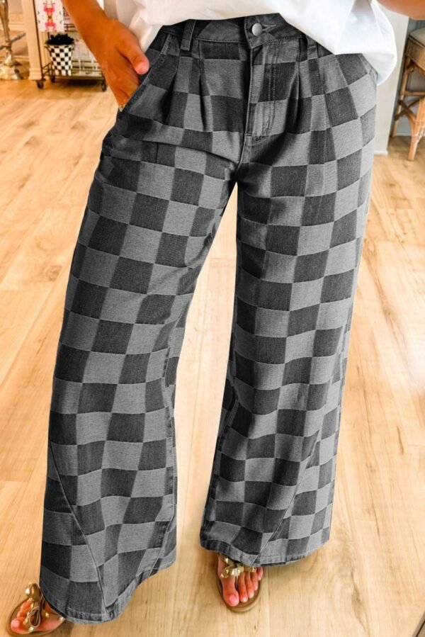 Dusk Blue Checkered Denim Wide Leg Jeans - Image 4