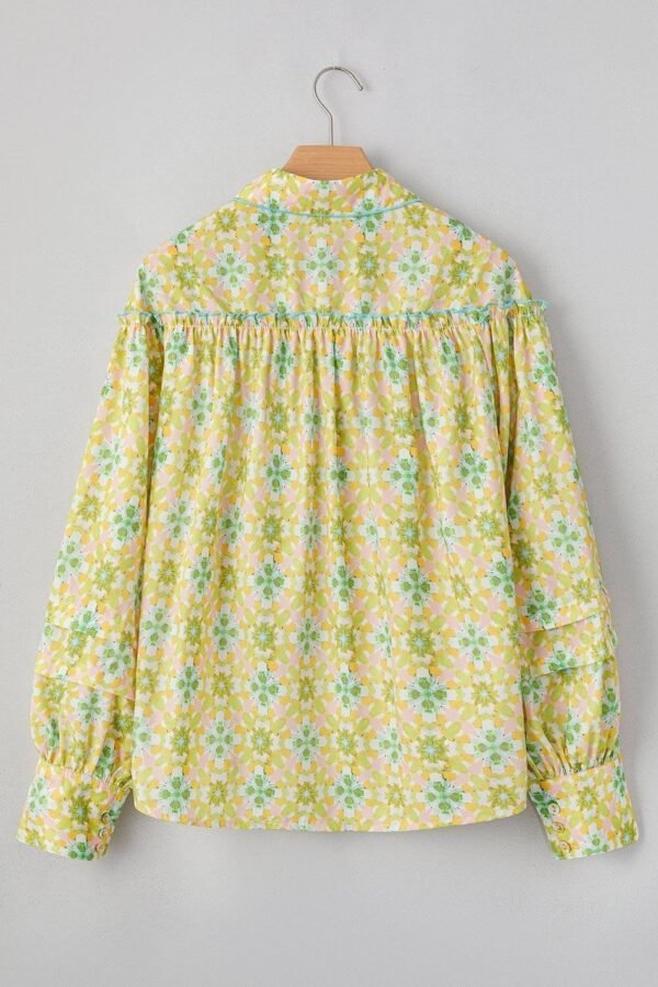 Green Boho Floral Print Frilly Detail Puff Sleeve Shirt - Image 5