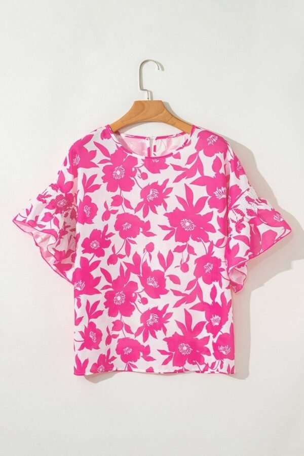 Pink Floral Printed Ruffled Short Sleeve Round Neck Loose Blouse - Image 5