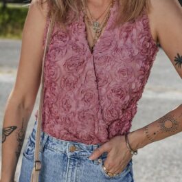 Heather Floral Textured V Neck Wrapped Sleeveless Bodysuit