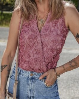 Heather Floral Textured V Neck Wrapped Sleeveless Bodysuit