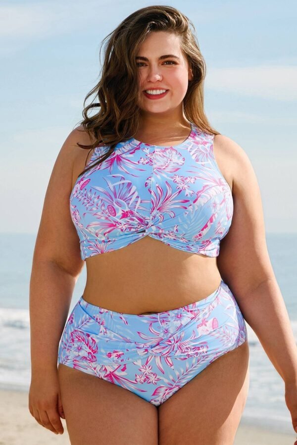 Sky Blue Plus Size Floral Print Twisted High Waist Bikini Set - Image 8