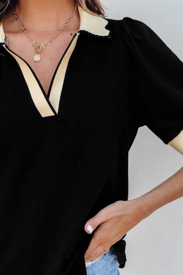 Black Color Contrast Collared V Neck Puff Sleeve Blouse - Image 7