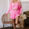 Bonbon Delicate Texture Cropped Cami Shorts and Cardigan 3pcs Lounge Set