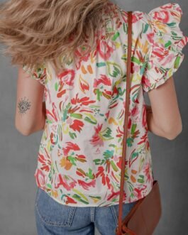 Multicolour Allover Floral Printed Flutter Sleeve Split Neck Blouse