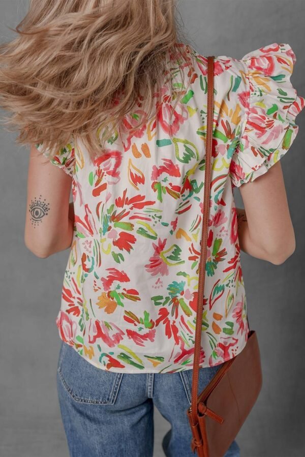Multicolour Allover Floral Printed Flutter Sleeve Split Neck Blouse - Image 2