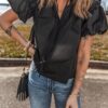 Black Ruffled Puff Short Sleeve Loose Blouse