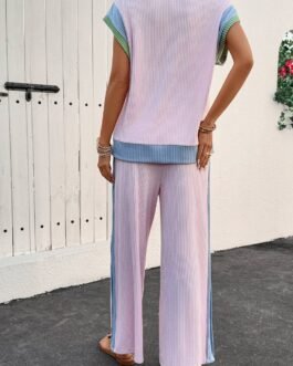 Pink Corded Colorblock Patchwork Short Sleeve Top and Loose Pants Set