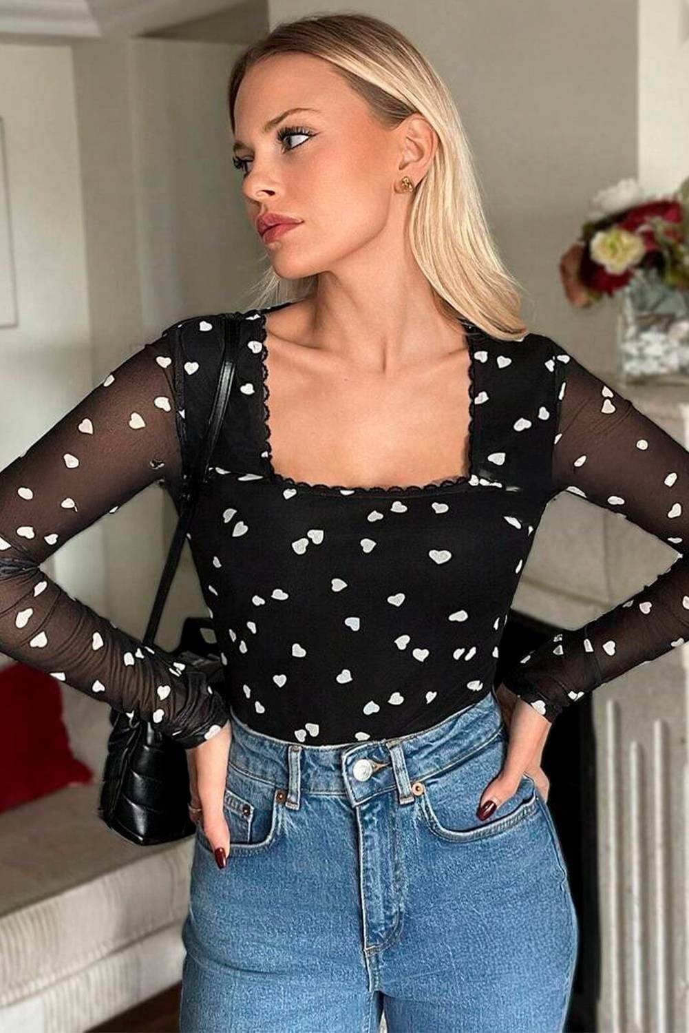 Black Heart Shape Mesh Patchwork Square Neck Bodysuit - Image 4