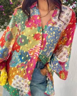 Rose Red Colorblock Abstract Print Button up Loose Shirt