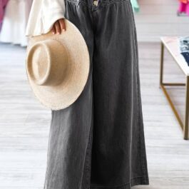 Carbon Grey Mineral Wash Button Fly Waist Wide Leg Jeans