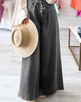 Carbon Grey Mineral Wash Button Fly Waist Wide Leg Jeans