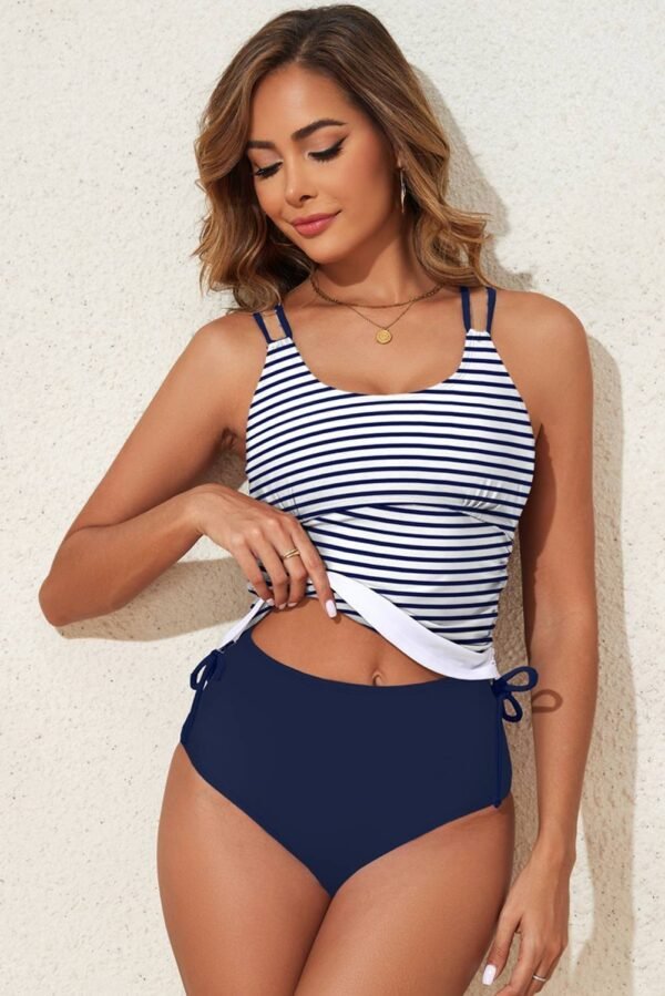 Blue Stripe Drawstring Tummy Control Mix-and-match 2pcs Tankini Swimsuit - Image 8