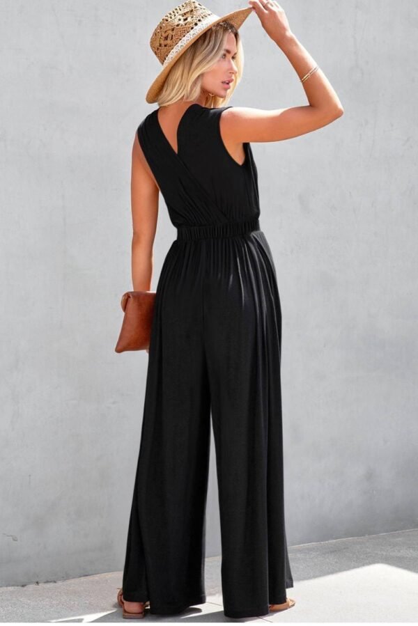 Blackish Green Deep V Pleated Crisscross Wide Leg Backless Jumpsuit - Image 16