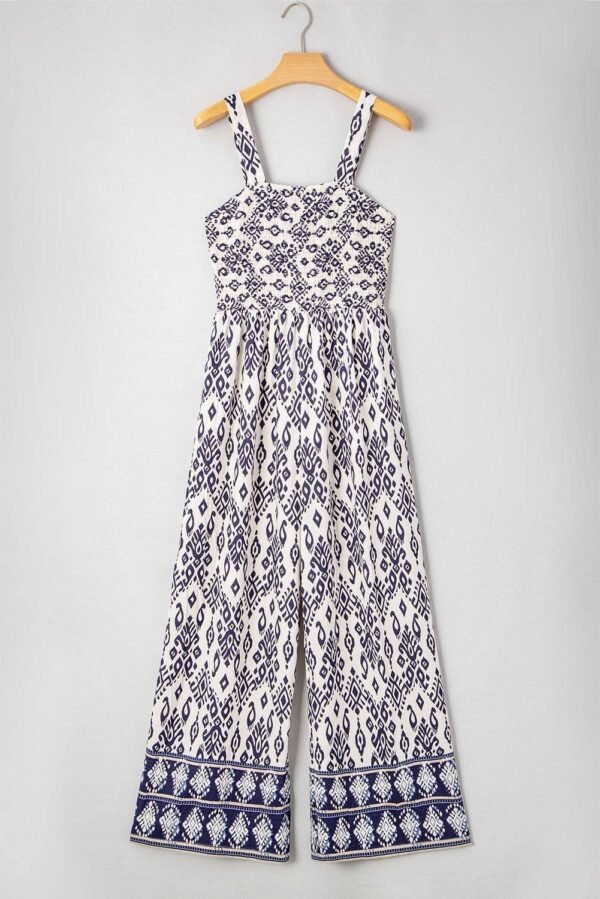 Blue Boho Geometric Print Shirred High Waist Wide Leg Jumpsuit - Image 8