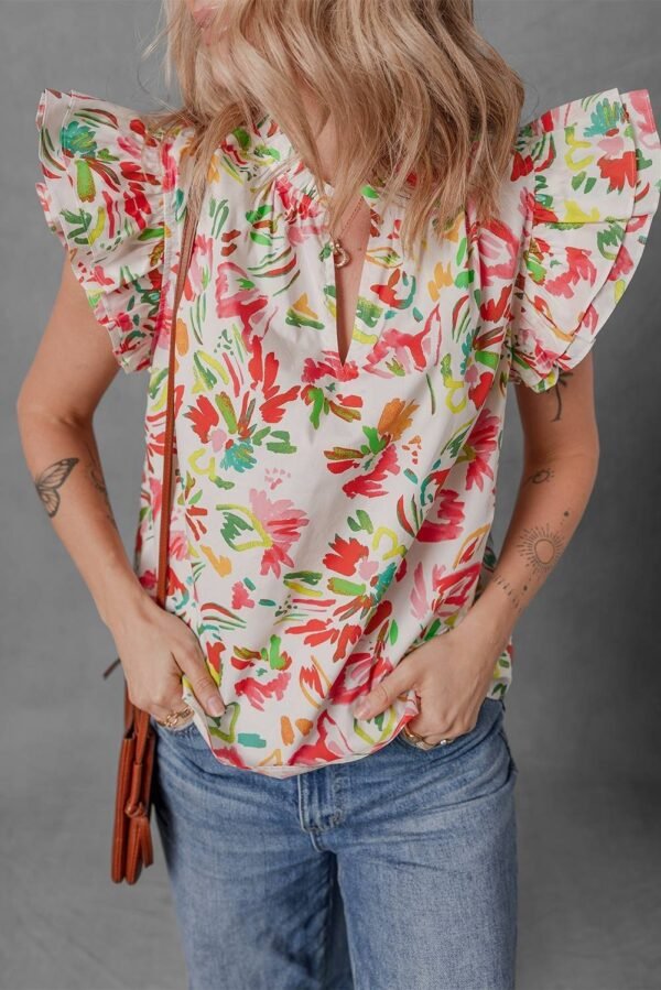 Multicolour Allover Floral Printed Flutter Sleeve Split Neck Blouse - Image 3