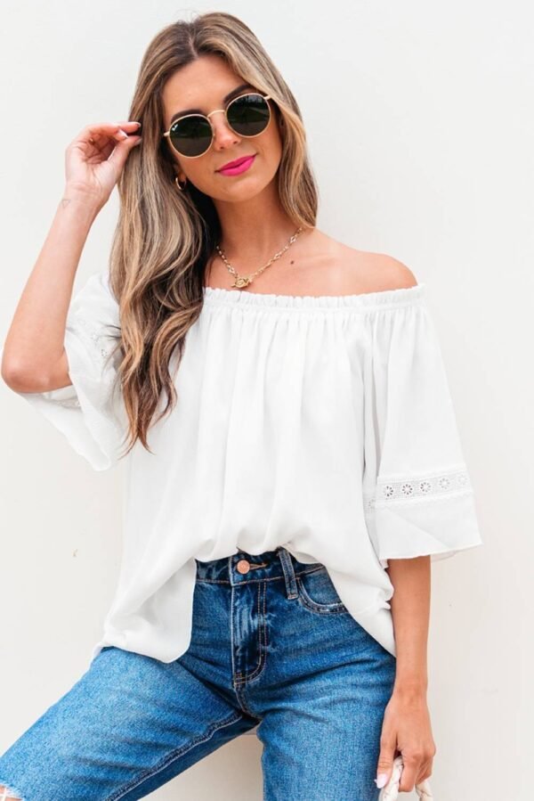 White Frilly Off Shoulder Lace Insert Sleeve Textured Blouse - Image 3