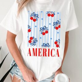 White Bow Cherry AMERICA Graphic Crewneck Patriotic T Shirt