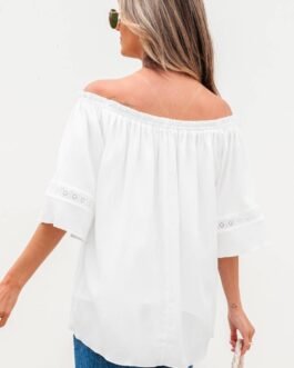 White Frilly Off Shoulder Lace Insert Sleeve Textured Blouse