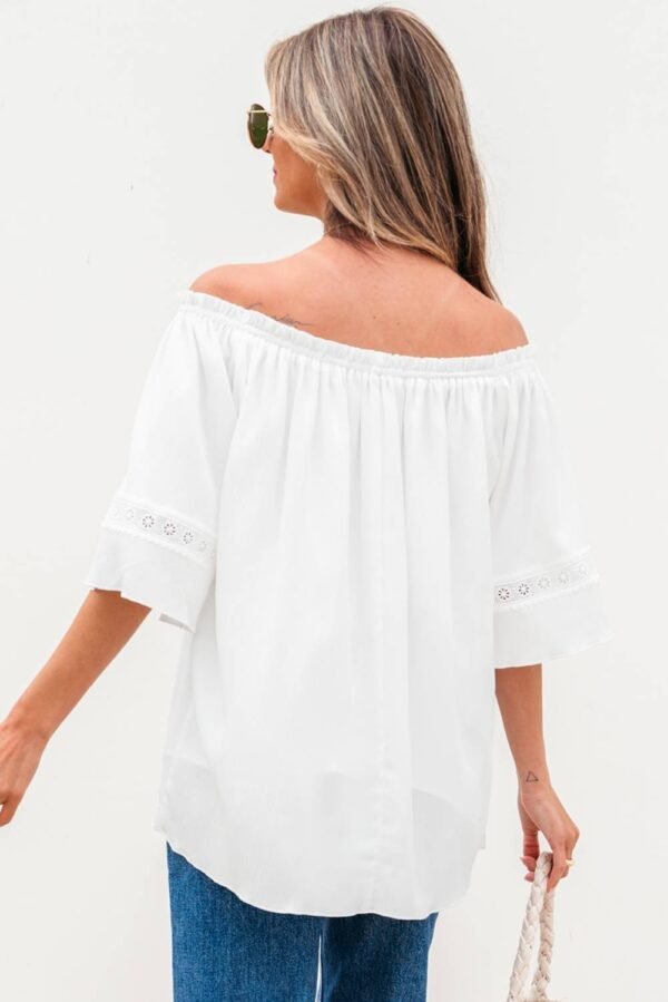 White Frilly Off Shoulder Lace Insert Sleeve Textured Blouse - Image 2