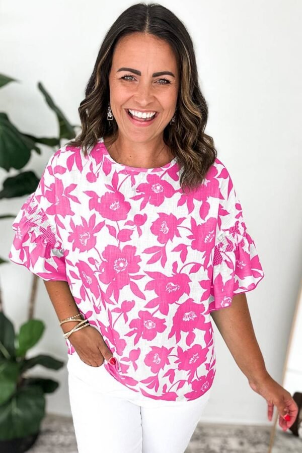 Pink Floral Printed Ruffled Short Sleeve Round Neck Loose Blouse - Image 3