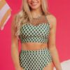 Green Dotted Mesh Plaid Patchwork High Waisted Bikini