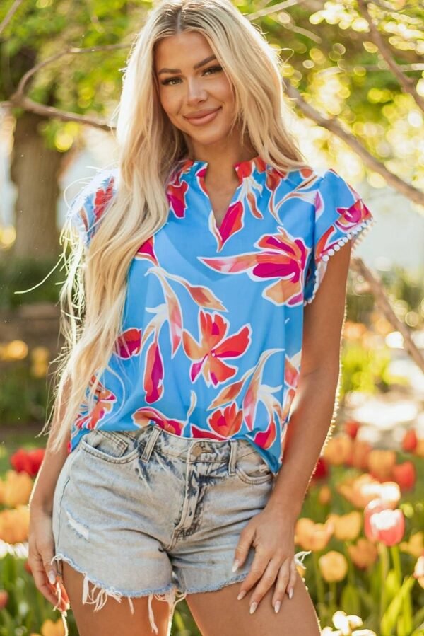 Sky Blue Floral Print V Neck Pompom Trim Flutter Sleeve Blouse - Image 14
