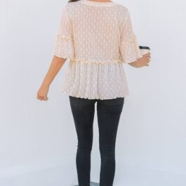 Beige Solid Color Textured Ruffled Short Sleeve Blouse