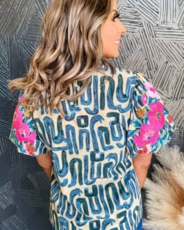 Beige Embroidered Puff Sleeve Frilled Neck Printed Top