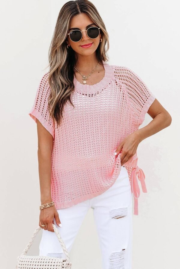 Pink Hollow-out Crochet Side Tied Short Sleeve Sweater - Image 5