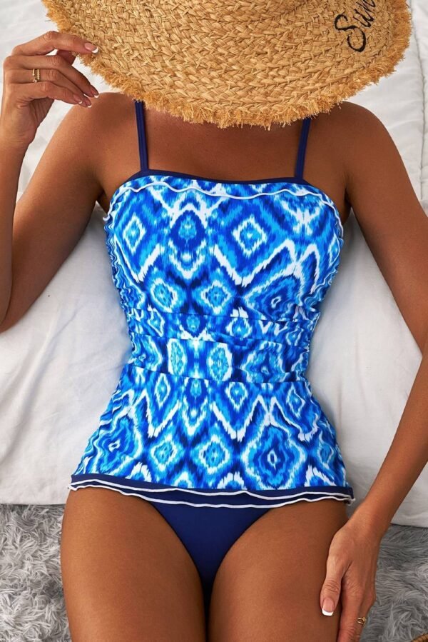 Navy Blue Abstract Print Frilled Trim Spaghetti Straps Tankini Set - Image 6