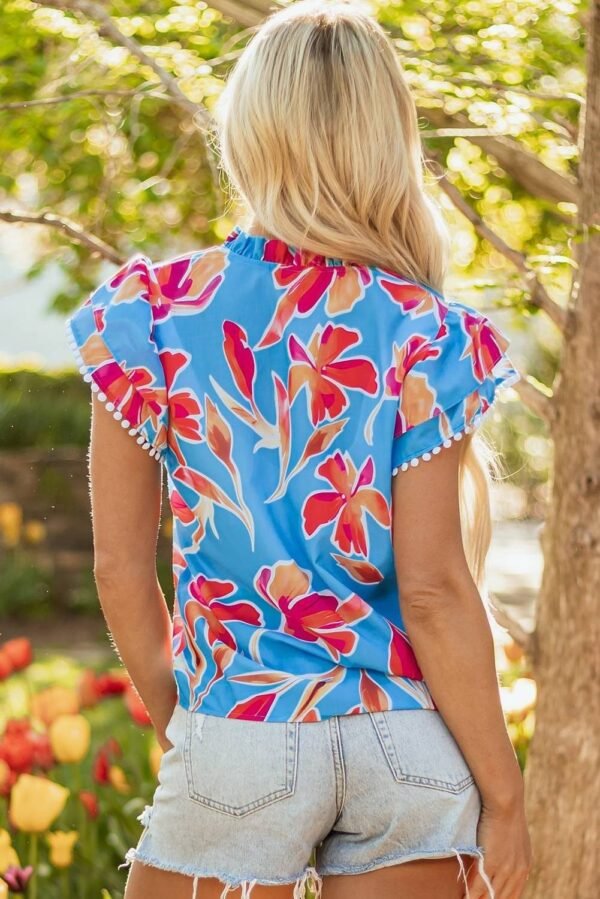 Sky Blue Floral Print V Neck Pompom Trim Flutter Sleeve Blouse - Image 10