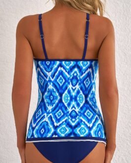 Navy Blue Abstract Print Frilled Trim Spaghetti Straps Tankini Set
