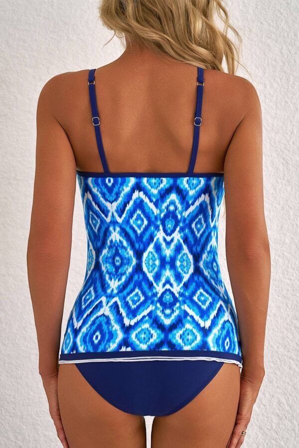 Navy Blue Abstract Print Frilled Trim Spaghetti Straps Tankini Set - Image 2