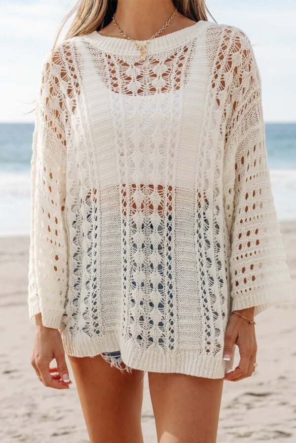 White Hollow Out Knit Bracelet Sleeve Drop Shoulder Sweater - Image 7
