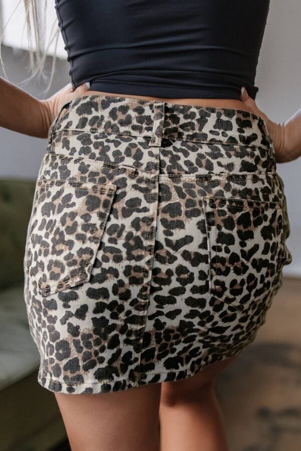 Khaki Leopard Denim Mini Skirt - Image 2