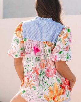 Multicolour Floral Print Striped Yoke Frilled V Neck Puff Short Sleeve Blouse