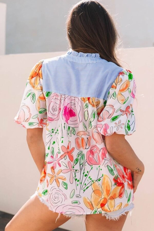 Multicolour Floral Print Striped Yoke Frilled V Neck Puff Short Sleeve Blouse - Image 2
