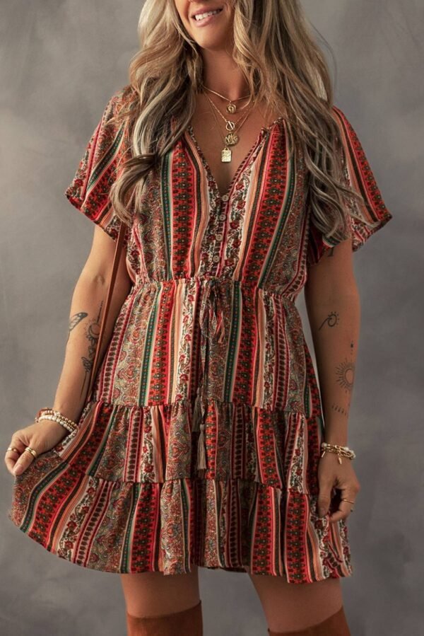 Red Bohemian Floral Print Buttoned V Neck Ruffle Tiered Dress - Image 3