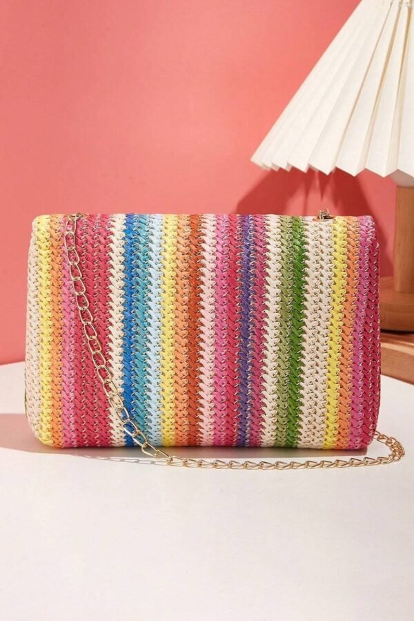 Strawberry Pink Bohemian Woven Gold Chain Shoulder Bag - Image 6